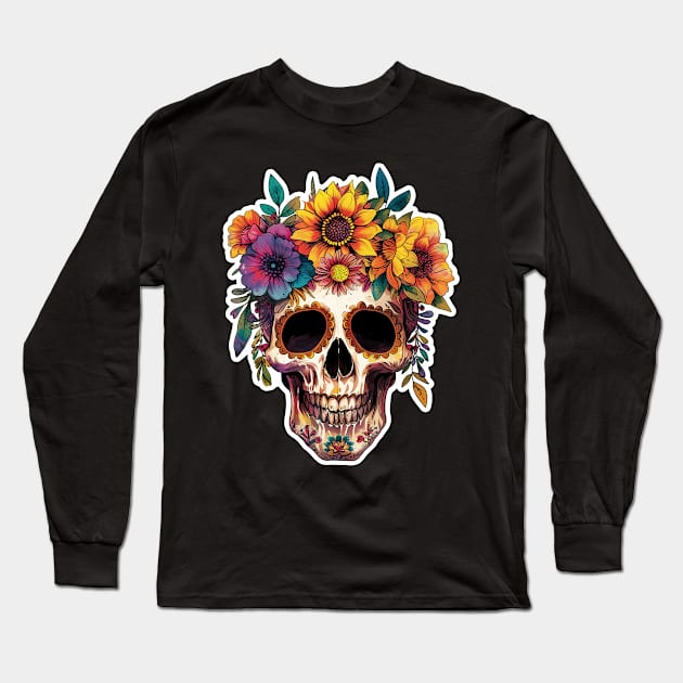 Flower Skull Long Sleeve T-Shirt by JunkyDotCom